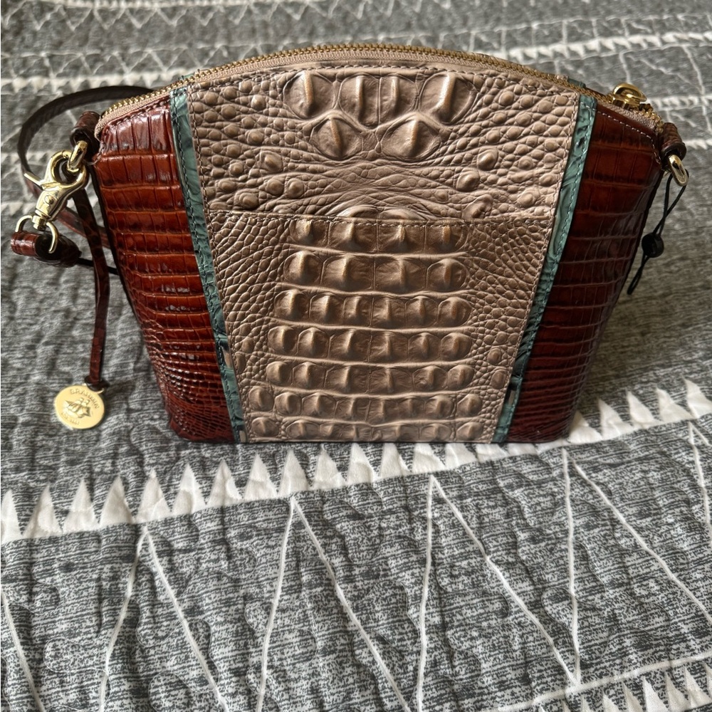 Brahmin Brown and Tan Crossbody Bag with Crocodile Embossed Design